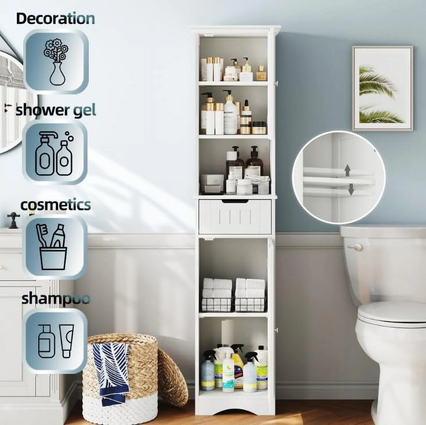 FJU 67" Tall Bathroom Storage Cabinet Freestanding with Adjustable Shelves, Narrow Storage Linen Cabinet with 2 Doors and 1 Drawers for Bathroom, Living Room, Kitchen, White.