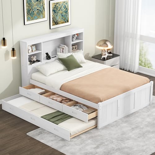 Full Size Platform Bed Bookcase Captain Bed with 6 Drawers and Bed End Storage Case, Wood Captain Platform Bed Frame with Storage Headboard, Sturdy Slat Support (Grey-4)
