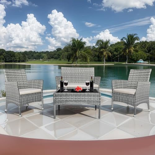 Patio Furniture Set 4 Pieces,Rattan Wicker Double Sofa, Coffee Table,Conversation Outdoor Sets, with Coffee Table and Soft Cushions, Garden Balcony Backyard Lounge Chairs (Black+Khaki Cusion)