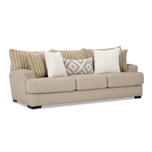 Furniture of America Lola Chenille 3-Piece Sofa Set with Square Patterned Ottoman, Ultra Soft Back Cushions and Accent Pillows with Channel Tufting for Living Room, Home Office, Light Brown