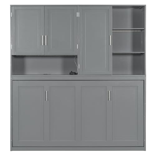 SOFTSEA Twin Murphy Bed with Storage Bookcase and Shelves, Horizontal Wall Bed with LED Light & Charging Stations, Space-Saving for Living Room, Guest Room, Bedroom, Office, Grey