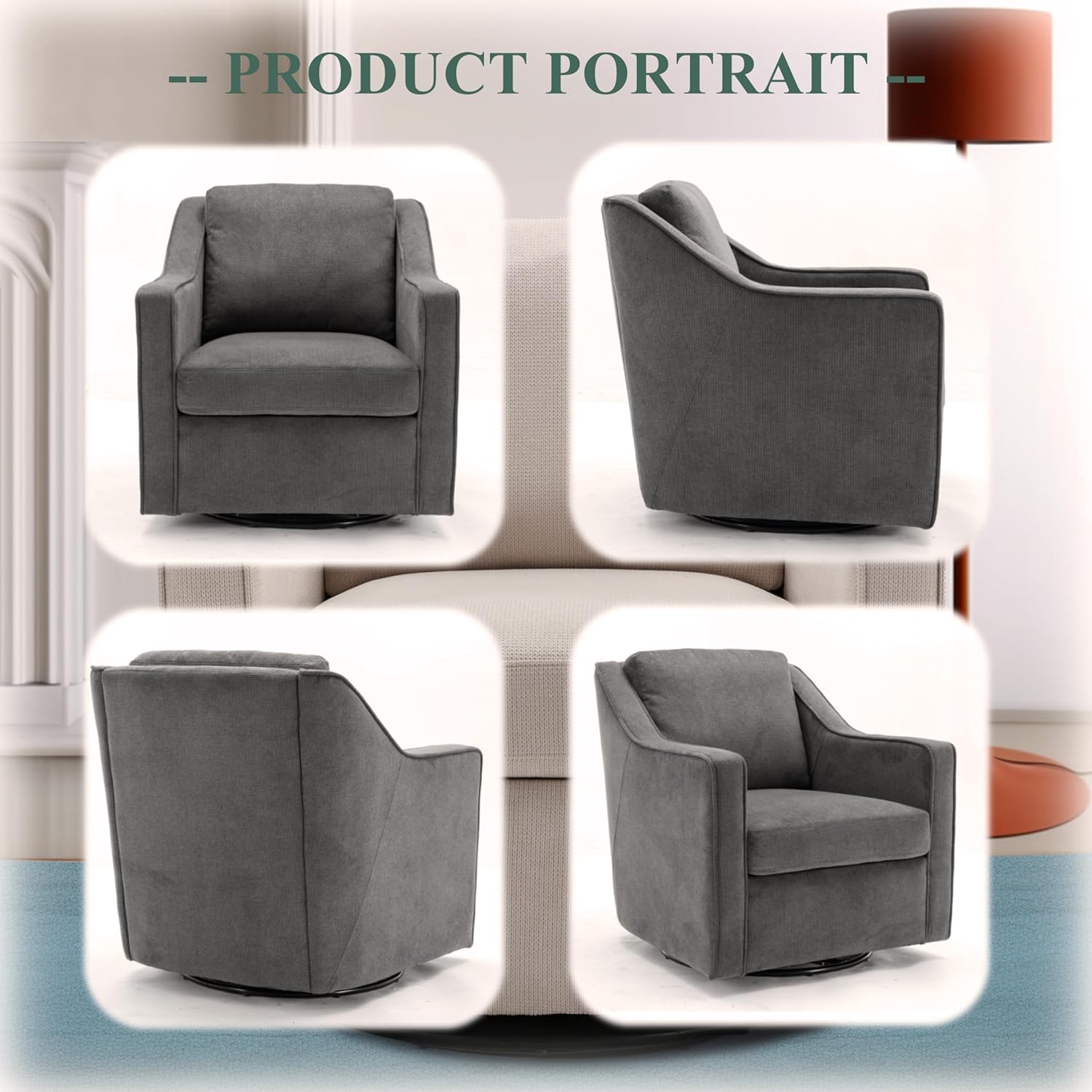 COLAMY 360° Swivel Accent Chair Set of 2, Upholstered Fabric Leisure Armchair with Lumbar Pillow for Living Room Bedroom Home Office, Grey