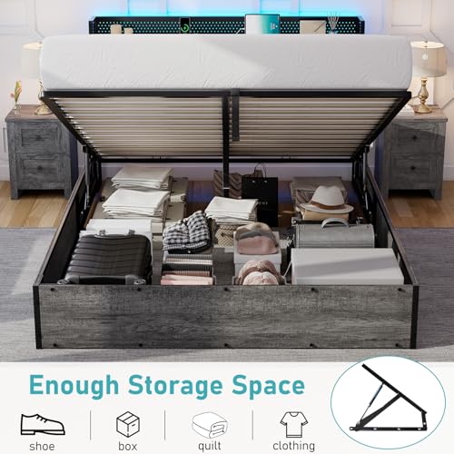 Full Size Lift Up Storage Bed Frame with LED Lights, Linen Upholstered Headboard with Charging Station, Wooden LED Light Platform Bed Frame, No Spring Box Needed/Noise Free, Black