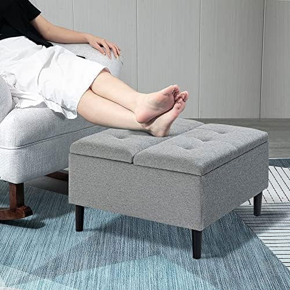 RUNFAYBIU 30" Square  Ottoman  Upholstered Ottoman Coffee Table with Lift Top  Button Tufted and Wood Legs  Accent Footstool for Living Room  Light Grey