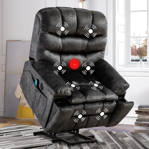 Phoenix Home Large Power Lift Recliner with Massage and Heat for Elderly, Heavy Duty & Safety Motion Reclining Mechanism, Ergonomic Electric Wider Chair with USB Port, 2 Hidden Cup Holders, Brown