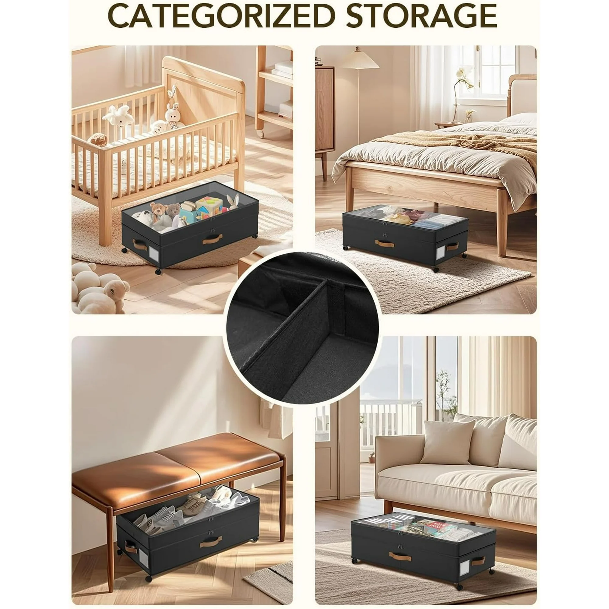 4 Pack Under Bed Storage with Wheels, Adjustable Height Storage Containers, 10 inches Large Capacity Rolling Underbed with Lids, Storage Drawers Shoes, Clothes, Blankets, Black