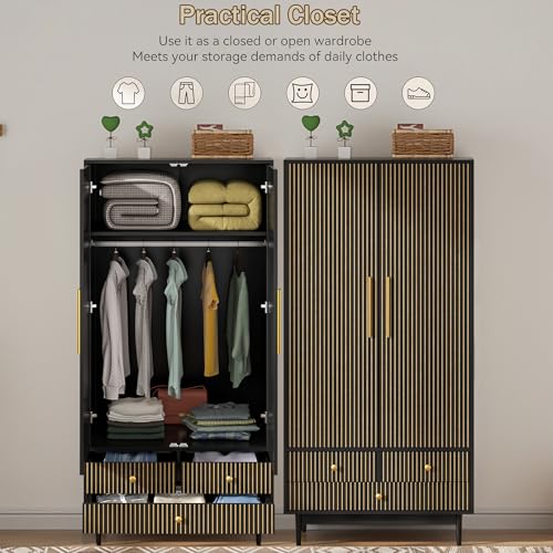Armoire Wardrobe Closet with 2 Fluted Doors,64.96" Wooden Clothes Storage Cabinet with Hanging Rod and Shelf Storage,Wardrobe Cabinet with 3 Drawers,Freestanding Closet for Bedroom,White