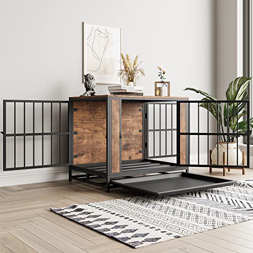 Dog Crate Furniture, Metal and Wooden Dog Crate, Dog Kennels with 3 Doors Indoor, Pet Puppy Crate End Table for Small/Medium/Large Dog, Heavy Duty Dog House, Rustic Black and Brown