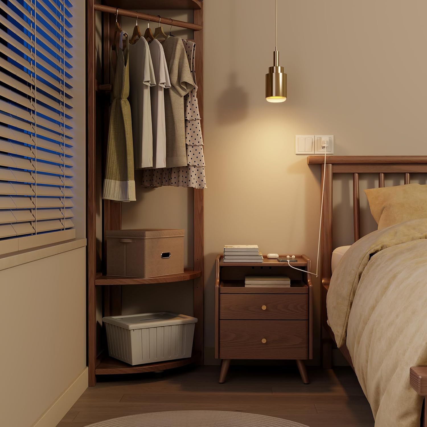 Solid Wood Nightstand, Nightstand with Drawers, Walnut Bedside Table for Bedroom