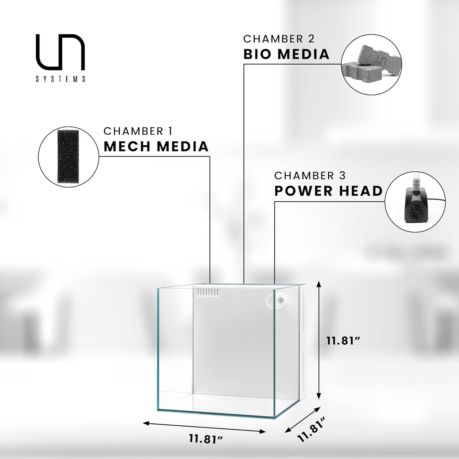 Ultum Nature Systems Rimless All in One Aquarium - Cube Fish Tank, Freshwater AIO Aquarium, Rimless Fish Tank w/Triple-Chamber Filter & White Background - 7 Gallon - 11.81" x 11.81" x 11.81" - 30A