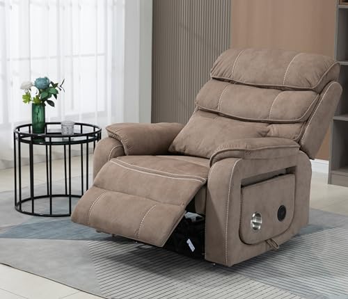 Light Grey Recliner Chair for Elderly | Tall and Big Man 400lbs | Chenille | Power Lift, Lay Flat, Stand Up, Wireless Charging Device, Extended Footrest, Massage Heat, Cup Holder, Lumbar Pillow