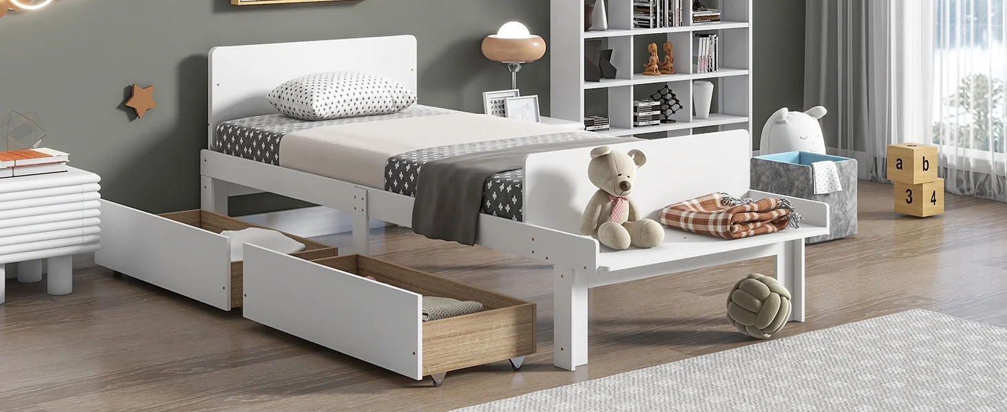 Royard Oaktree Twin Size Bed Wood Platform Bed Frame with Headboard and Footboard Bench Modern Bed Frame with 2 Storage Drawers, White