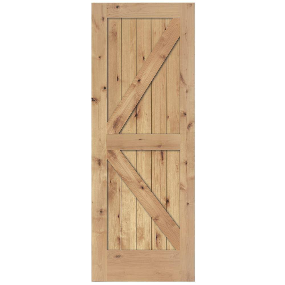 Steves u0026 Sons 36 in. x 84 in. 2-Panel Solid Core Prefinished Natural Knotty Alder Interior Barn Door Slab, Clear Satin