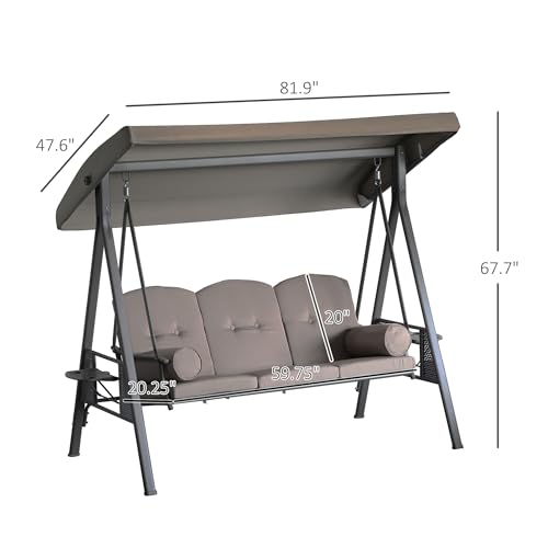 Outsunny 3-Seat Patio Swing Chair, Outdoor Porch Swing Glider with Adjustable Canopy, Removable Cushion, Pillows and Side Trays, for Garden, Poolside, Backyard, Brown