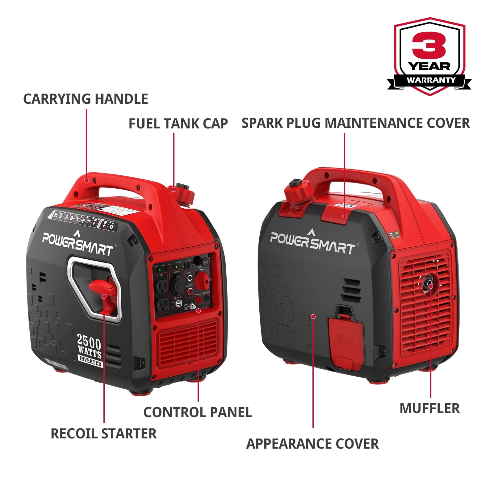 PowerSmart 2500W Portable Inverter Gas Generator .Super Quiet .Low Oil Shutdown, Ultra Lightweight for Camping