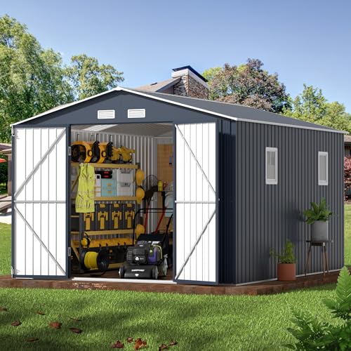 Outdoor Storage Shed 10 x 12ft. Utility Tool Shed Metal Storage Garden Shed with Lockable Doors, Windows & Metal Frame Floor for Patio Storage,Brown