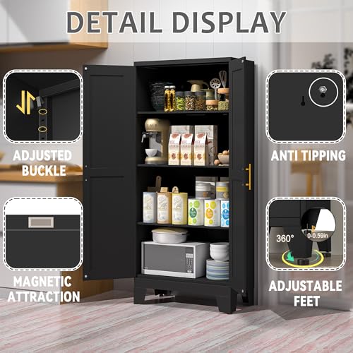 75.2" Tall Metal Pantry Cabinet, Storage Cabinets with 4 Door and 4 Adjustable Shelves, Black Kitchen Pantry Storage Cabinet, Freestanding Cupboard for Kitchen Dining Room Living Room Bathroom