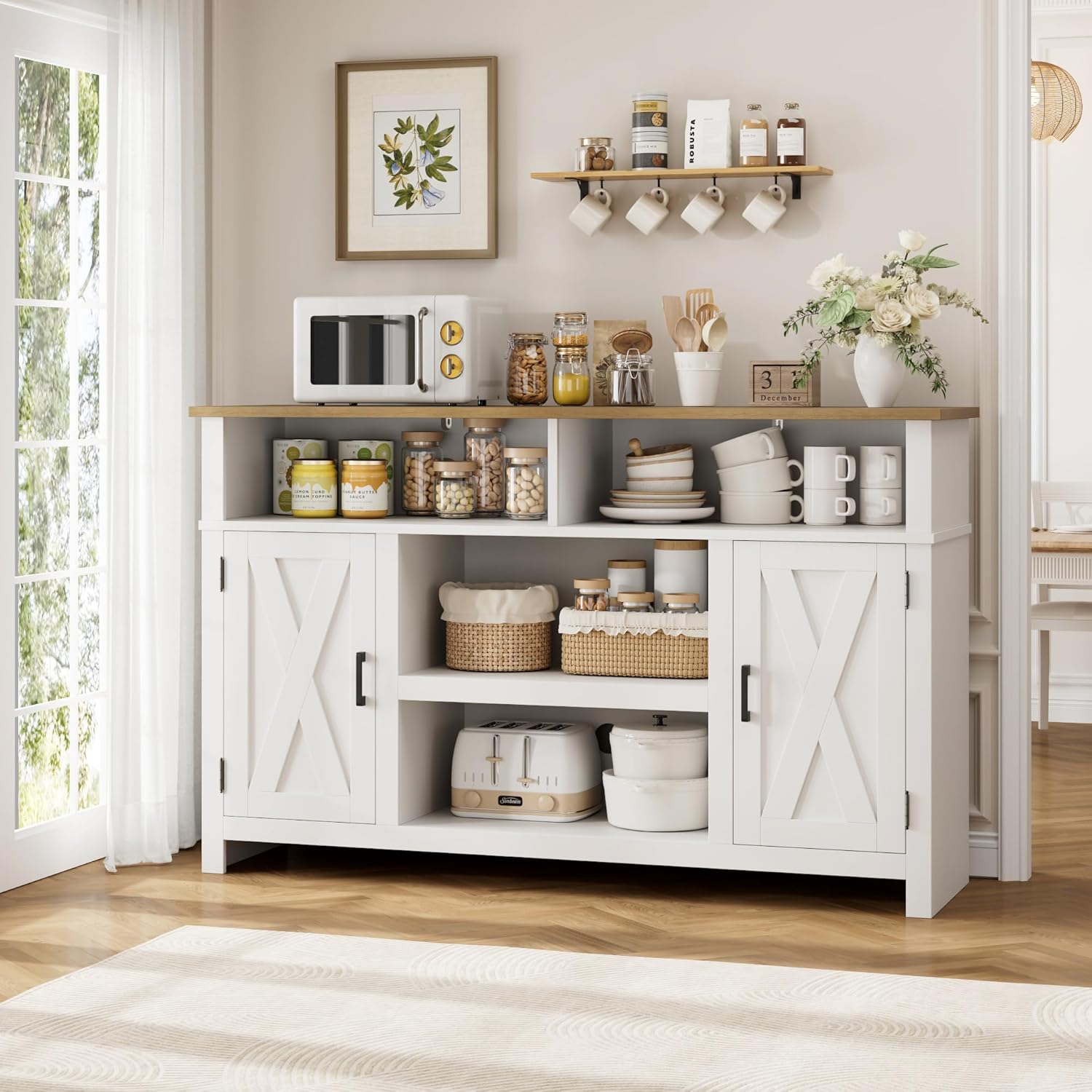 HOSTACK 55'' Modern Farmhouse Sideboard Buffet Cabinet with Storage, Large Barn Door Coffee Bar Station, Wood Kitchen Storage Cabinet with Shelves, Accent Cabinet Console Table for Living Room, White