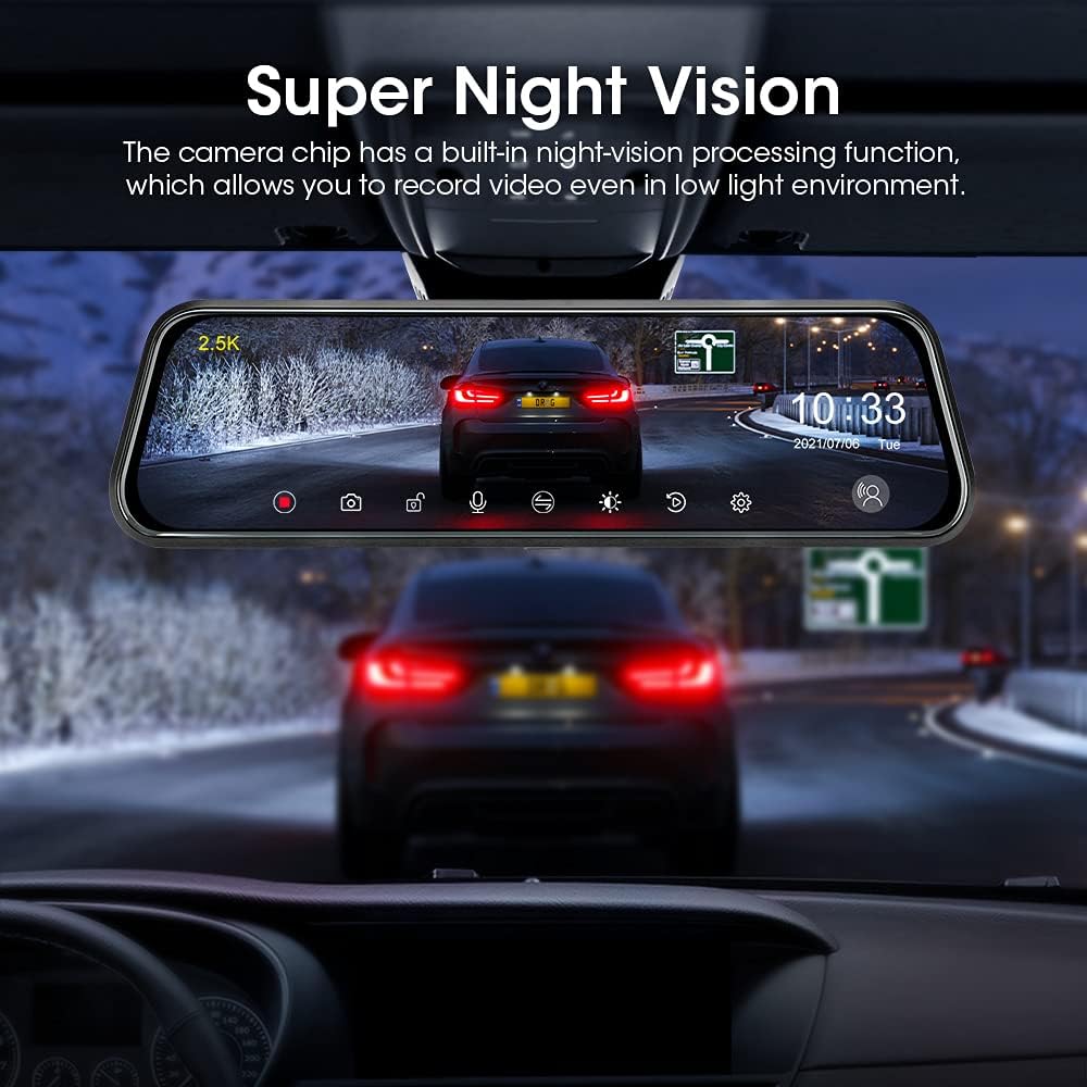 2.5K Voice Control Mirror Dash Cam Rear View Mirror Backup Camera Front and Rear , 10'' Rearview Mirror Backup Camera Dual Full HD Super Night Vision G-Sensor Parking Assistance