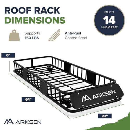 ARKSEN Roof Rack Skinny Cargo Carrier with Basket & Net, Heavy Duty Weather Resistant Top Mount Cargo Rack, Luggage & Camping Gear Storage for Car, Truck or SUV Transport