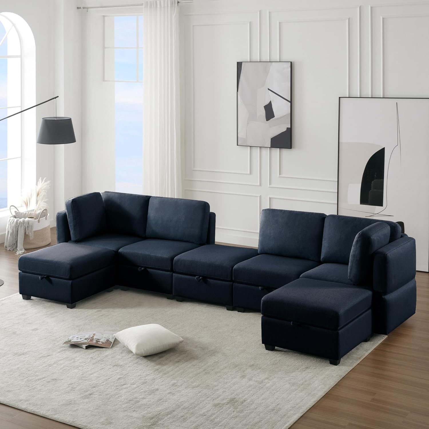 GOWE Modular Sectional Sofa U Shaped Sectional Couch with Ottoman, 7 Seat Modular Sofa with Chaise for Living Room, Adjustable Arms and Backs - Blue