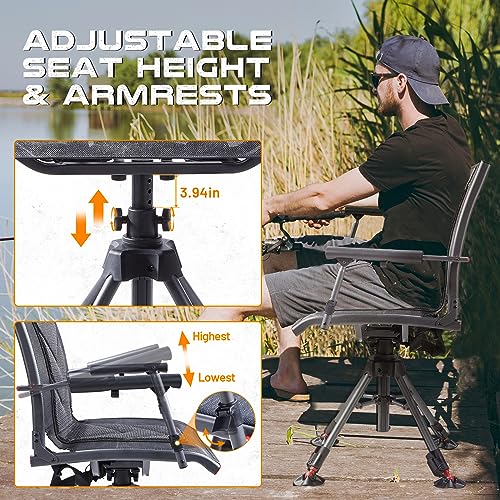 TR 360 Degree Swivel Hunting Chair,400 lbs Capacity Silent Hunting Blind Chair,4 Legs Height Adjustable,Comfortable Padded Seat,Portable Ground Hunting Chair for Deer Dove Hunting