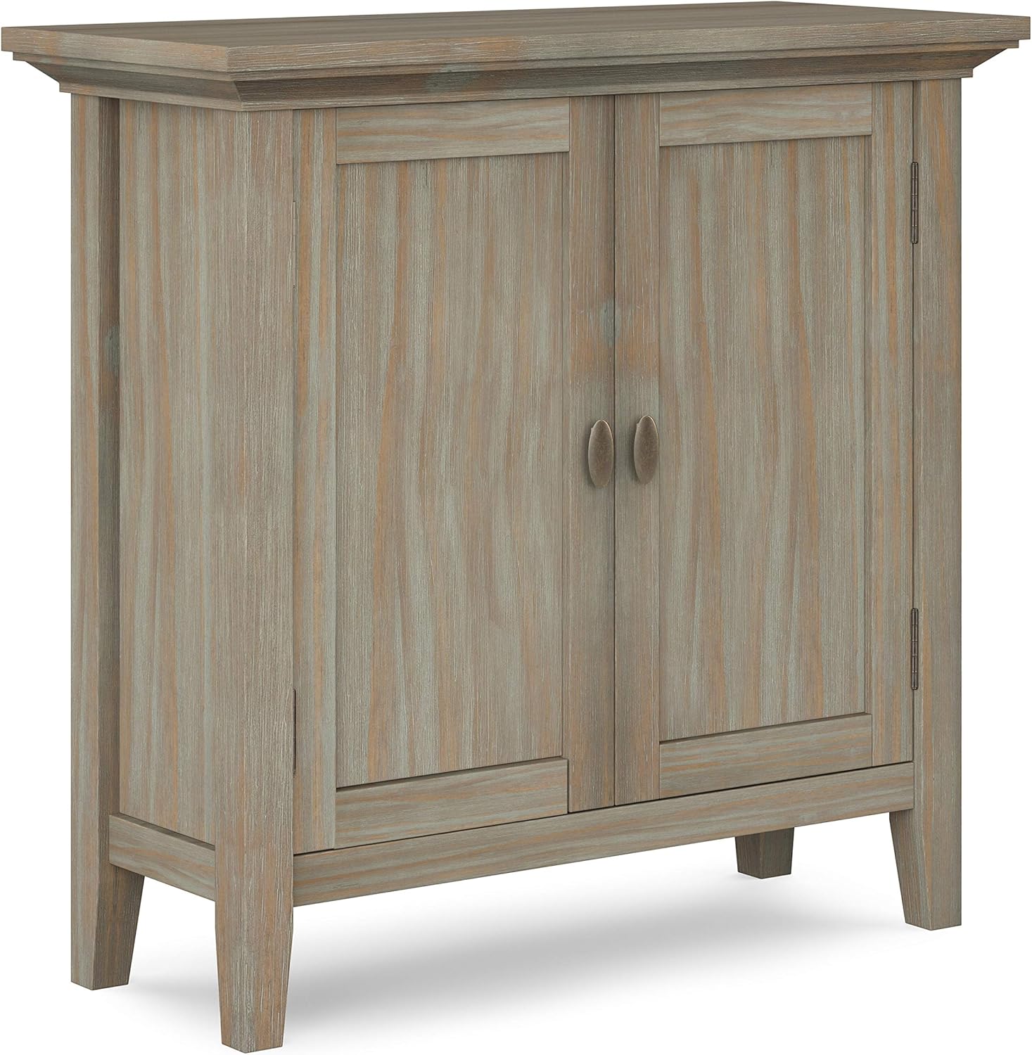SIMPLIHOME Redmond SOLID WOOD 32 inch Wide Transitional Low Storage Cabinet in Hickory Brown, with 2 Doors, 2 Adjustable Shelves