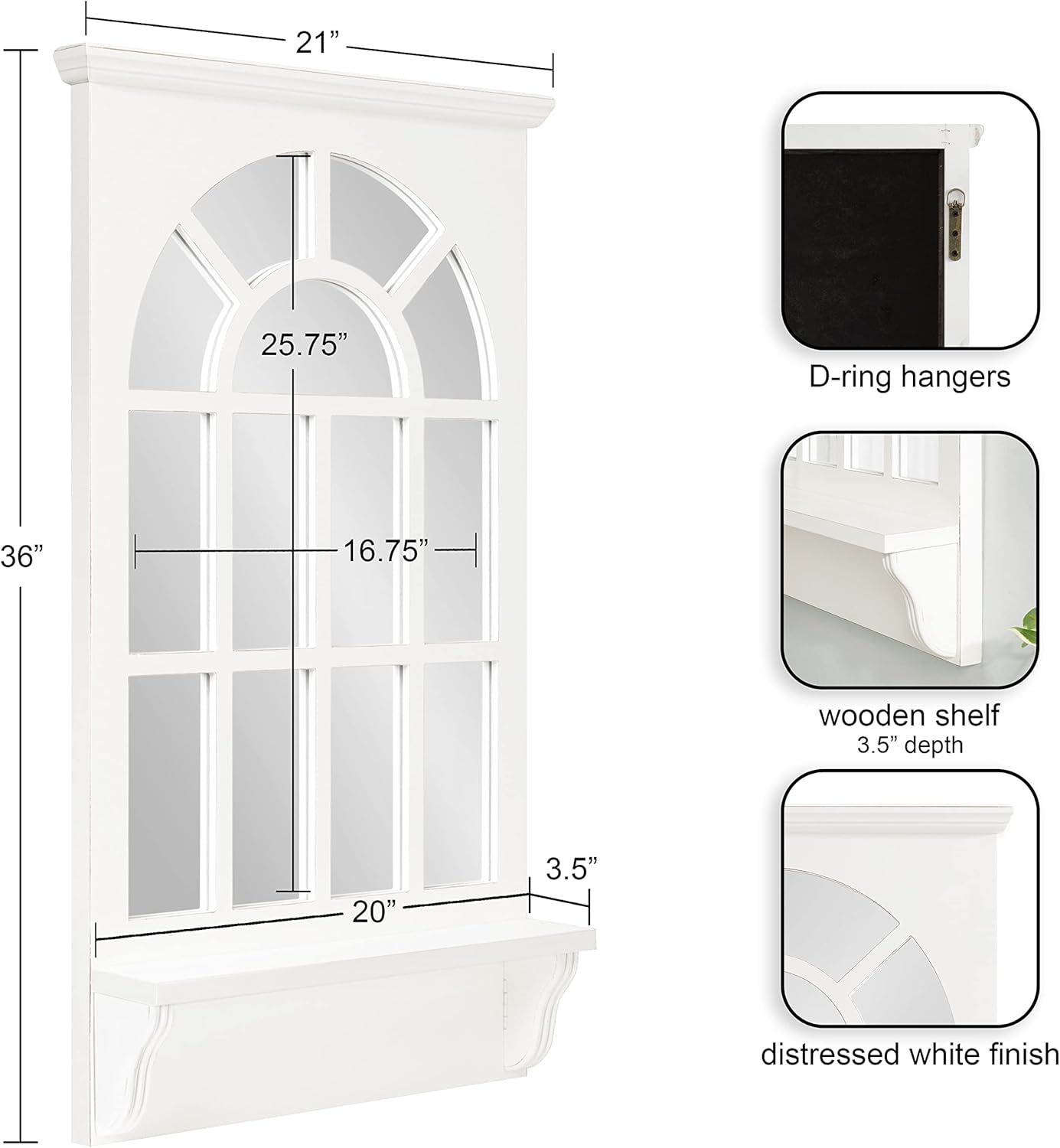 Kate and Laurel Wallhaus Traditional Arched Mirror with Shelf, 21 x 36, White, Coastal Decorative Wooden Window Mirror with Display Shelf for Use as Entryway Mirror Decor