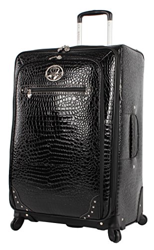Kathy Van Zeeland Croco PVC Designer Luggage - 4 Piece Softside Expandable Lightweight Spinner Suitcases - Travel Set includes a Dowel and Shopper Bags, 20-Inch Carry On & 28-Inch Suitcase (Burgundy)