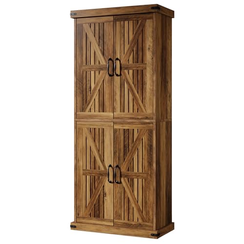 Tribesigns 71" Tall Kitchen Pantry, Farmhouse Storage Cabinet with Barn Doors and Adjustable Shelves, Rustic Wooden Cupboard for Kitchen, Dining Room, Brown