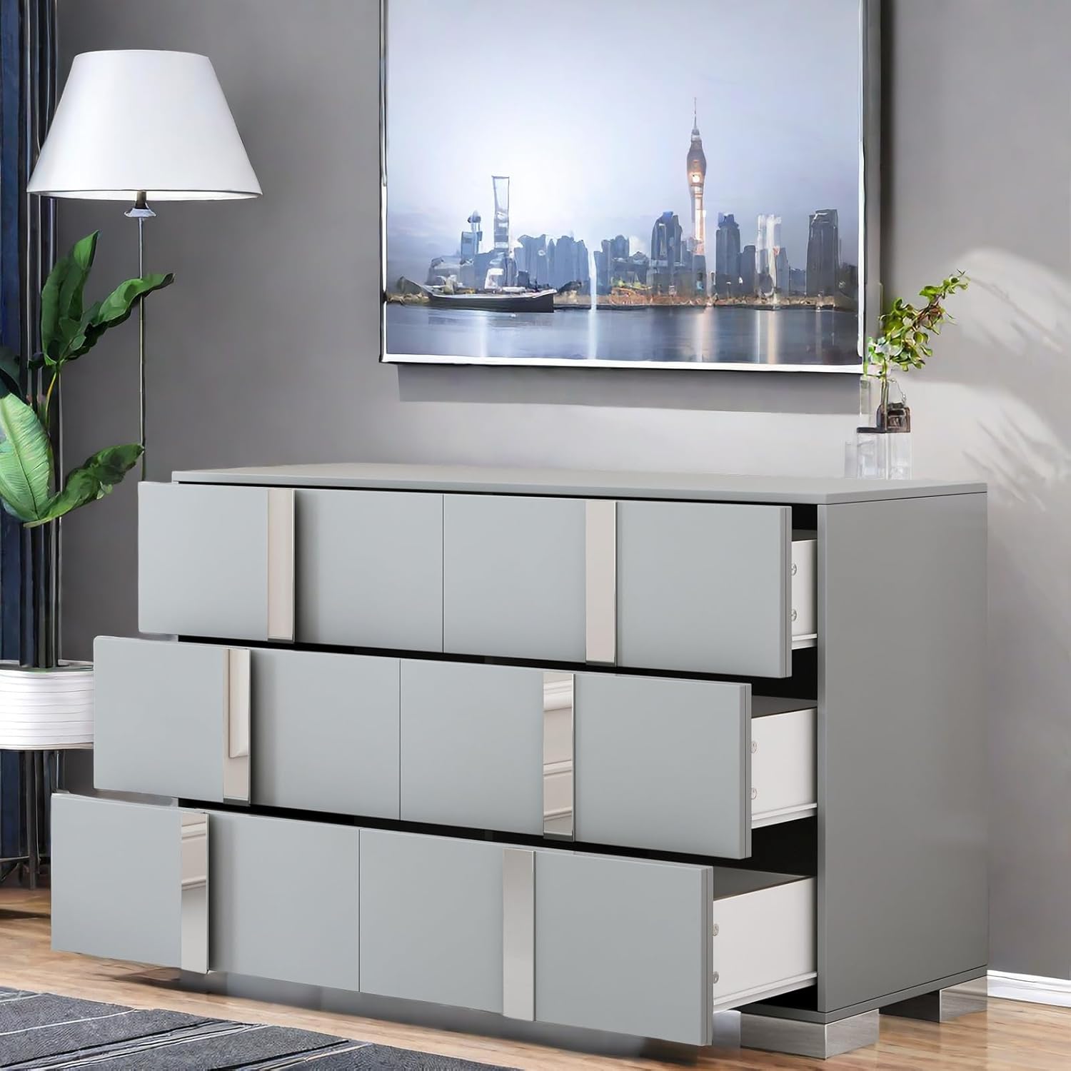 Simple and Elegant Modern, Mirrored Design Metal Handle and 6 Drawers Dresser, Grey