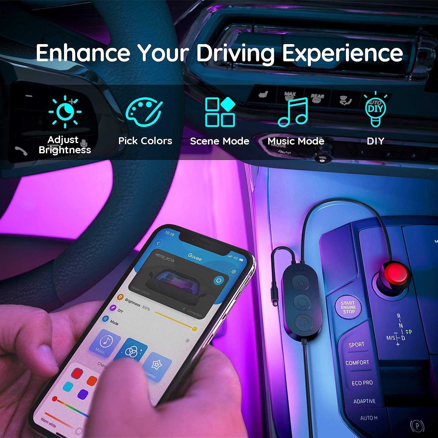 Govee Car LED Lights, Smart Car Lights with APP Control, Music Sync Interior Car Lights with 7 Scene Modes and 16 Million Colors, 2 Lines Design RGB Under Dash Car Lighting with Car Charger, DC 12V