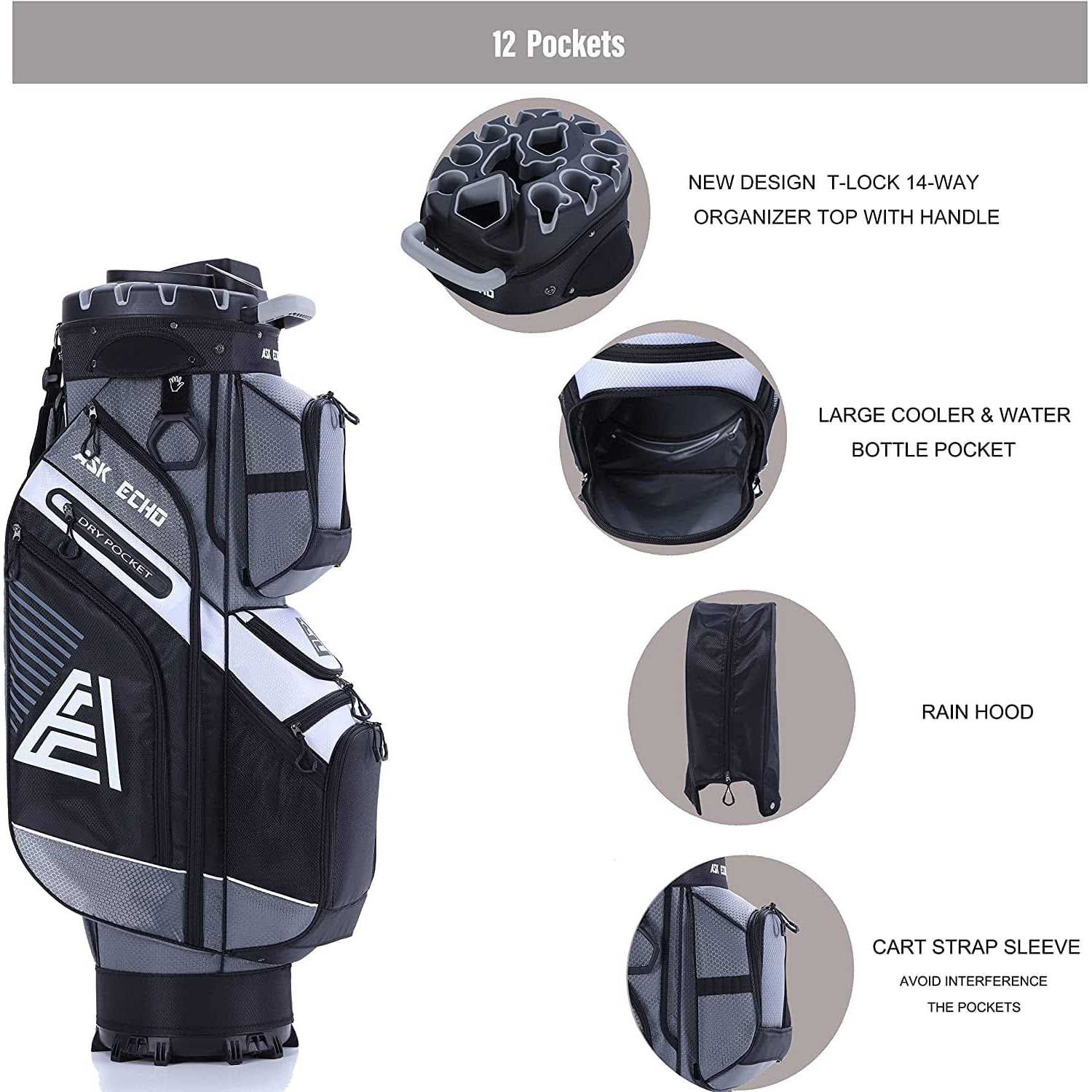 ASK ECHO T-Lock Golf Cart Bag with 14 Way Organizer Divider Top, Premium Cart Bag with Handles and Rain Cover for Men - Sports Supplies Online Store