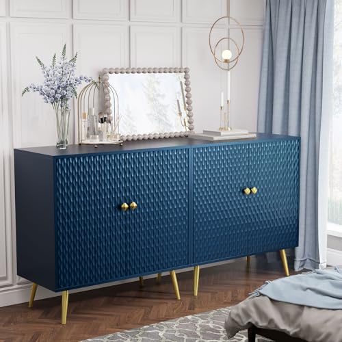 Buffet Cabinet with Storage, Blue Accent Cabinet with Carved Texture, Sideboard Buffet Cabinet with 2 Doors and Shelves, Modern Credenza Storage Cabinet for Living Room