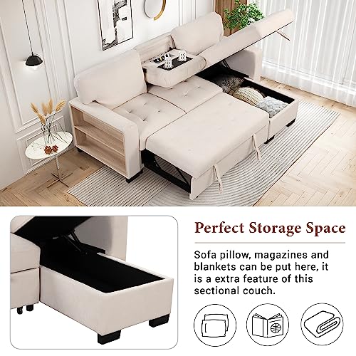 85.2" Upholstery Sleeper Sectional Couch Futon Sofa Bed with Storage Chaise for Living Room Convertible Pull Out Couch USB port 2 Cup Holders Small Lounge Space Beige
