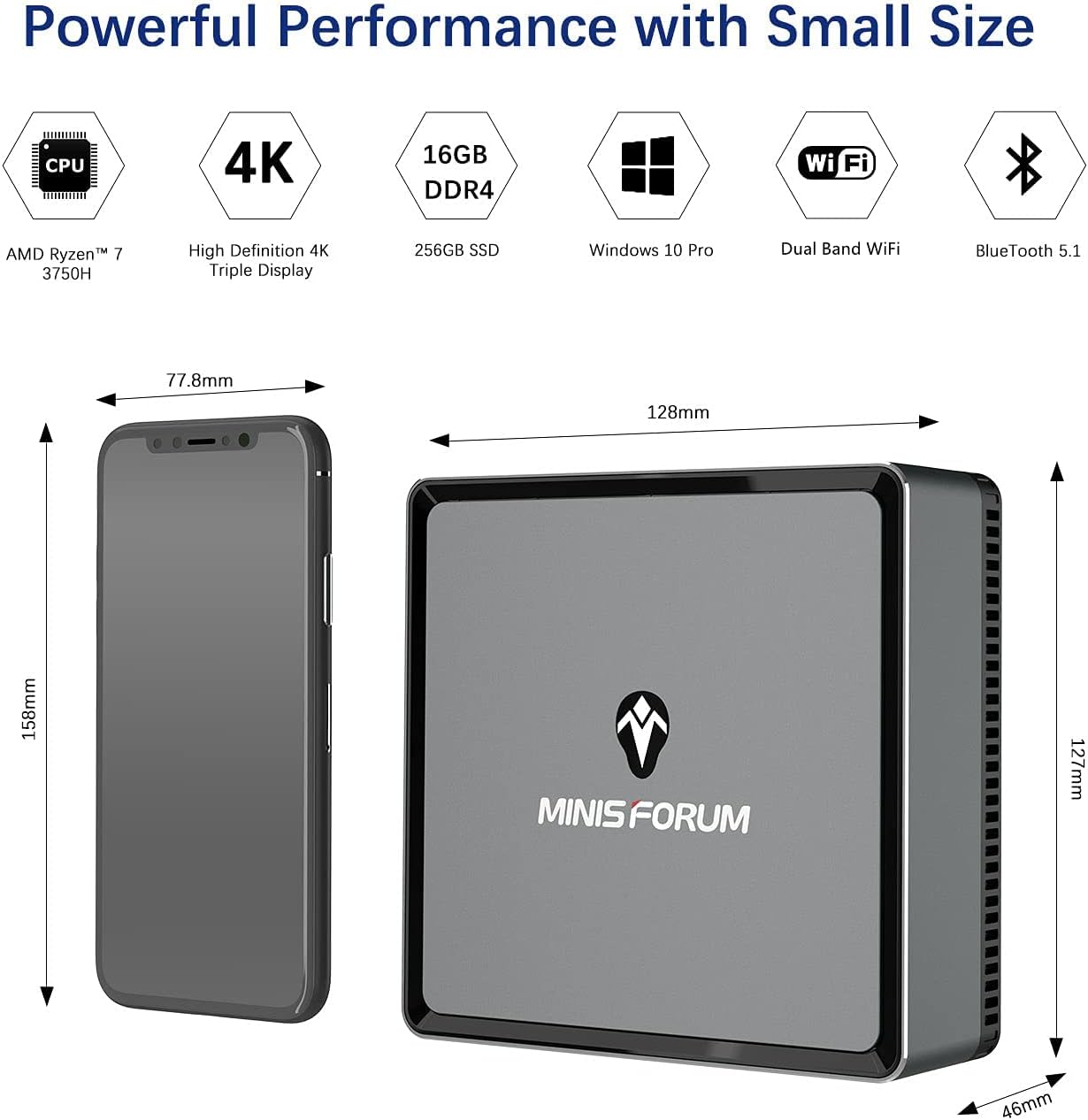 Mini PC AMD Ryzen 7 3750H UM700 | 16 GB RAM 256 GB PCIe SSD | Radeon RX Vega 10 Graphics | Dual WiFi BT 5.1 | HDMI 2.0 / Display/USB-C | RJ45 4X USB Small Form Factor