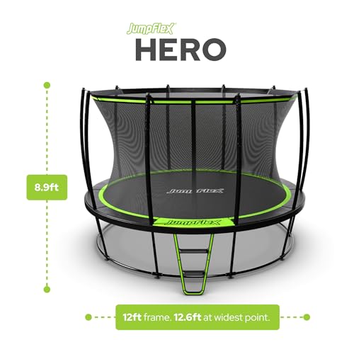 JumpFlex Trampoline Hero 12FT 14FT 15FT Round Outdoor Backyard Trampoline ASTM Approved with Net Safety Enclosure & Ladder Playset with Fast Assembly