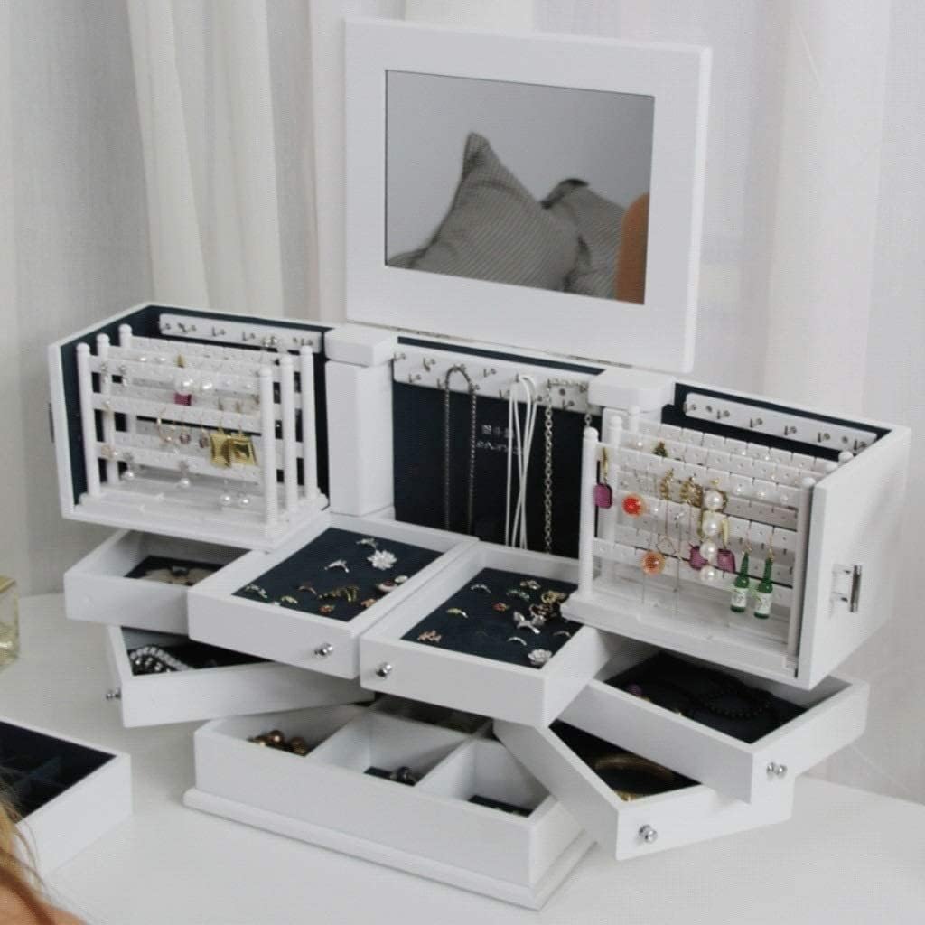 Jewellery Box Jewellery Box Jewellery Organiser Wooden Jewelry Box With Mirror Lid 5-Layer Jewelry Armoire Ring(Bianco 31 * 23.5 * 32cm)