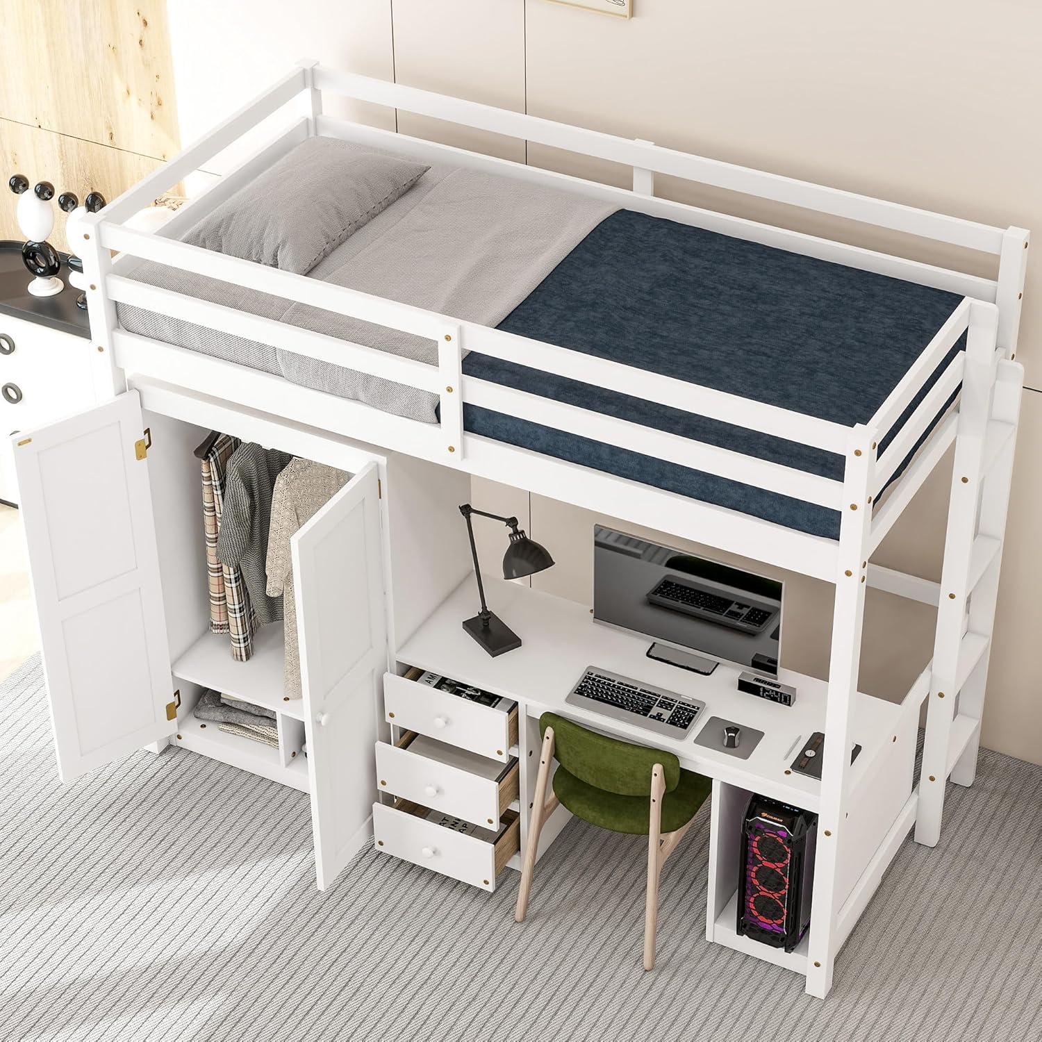Twin Size Wood Loft Bed with Wardrobe, Desk and Storage Drawers, Versatile Wooden Loft Bed Frame with Large Storage Space for Kids, Boys and Girls, Space-Saving Design, Twin, White