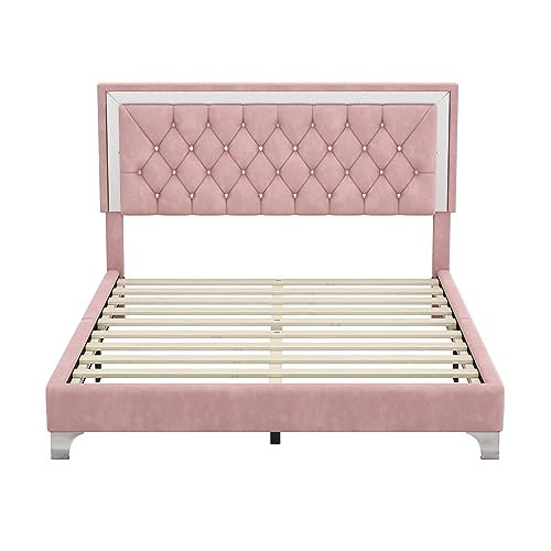 3-Pieces Bedroom Furniture Sets, Queen Size Upholstered Platform Bed with LED Lights and 2 Nightstands, Velvet Platform Bed with Crystal Tufted Headboard,Strong Wooden Slats, Metal Legs (Gray-P3A01)