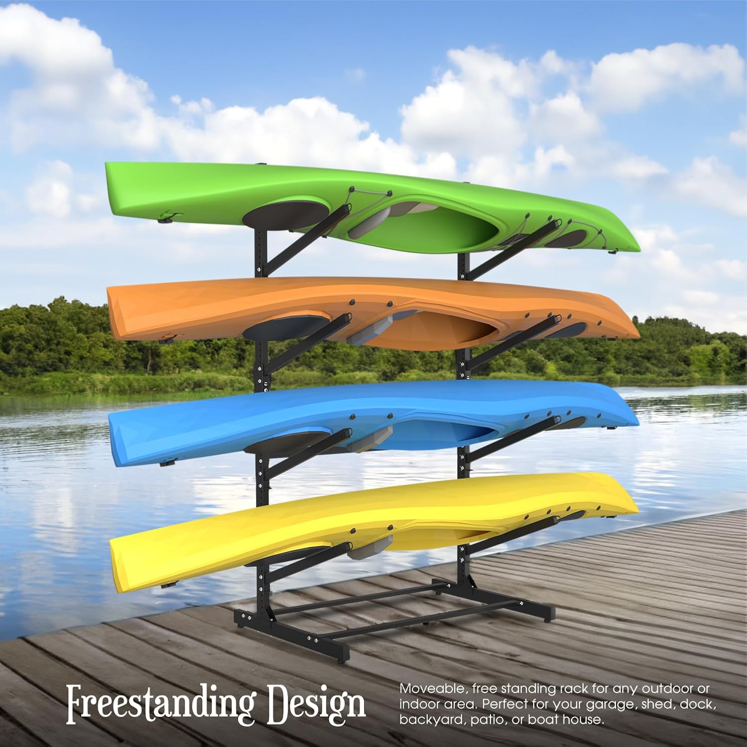 Adjustable Kayak Storage Rack, Freestanding Sup Storage Stand, Weatherproof Canoe Holder, Heavy Duty Paddleboard Bracket, Surfboard Bracket for Indoor, Outdoor, Garage, Shed, Dock (4 Levels)