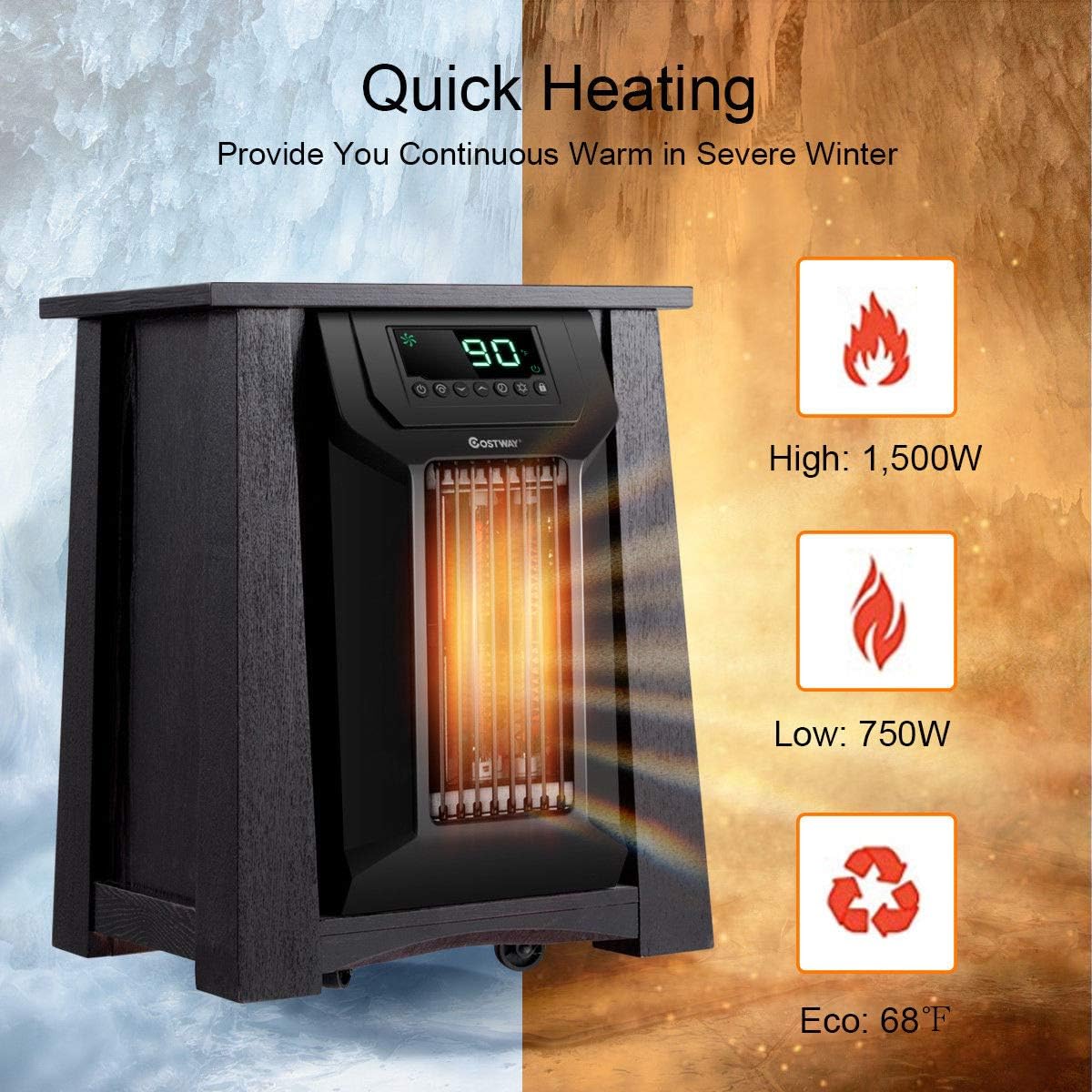 COSTWAY Infrared Space Heater 1500W, Portable Radiator Heater with Remote, 12H Time & Adjustable Thermostat, Small Electric Heater for Indoor Use Home Office Bedroom, Brown + Black