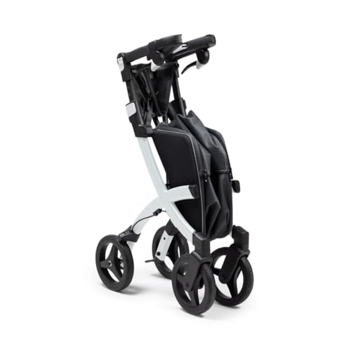 Flex 2 Pebble White - Upright Rollator Walker with seat - Lightweight Walker with Wheels - Folding Walker with Large Shopping Bag - Modern Design