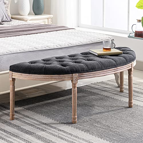 55" End of Bed Bench Vintage Half Moon Upholstered Fabric Semi-Circle Entryway Bench with Padded Seat & Rubberwood Legs, Tufted Dining Bench for Bedroom Living Room Hallway, Beige