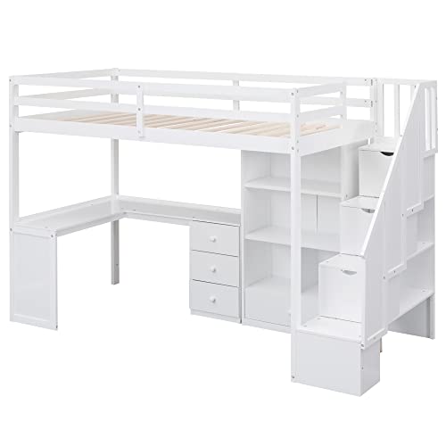 Harper & Bright Designs Twin Size Loft Bed with Storage Stairs, Wood Loft Bed with Wardrobes Space Saving Loftbed Frame for Kids & Teens Bedroom, White