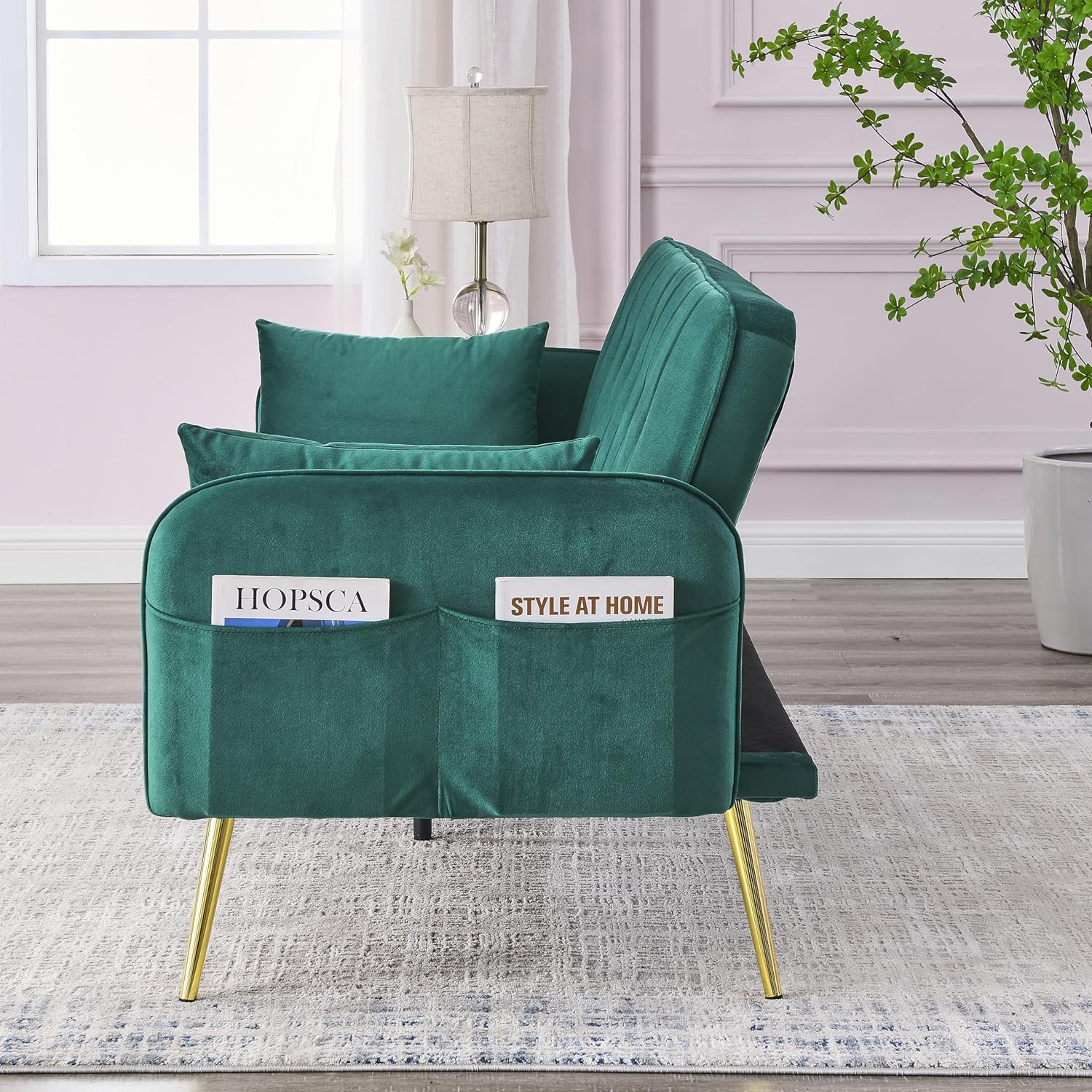 Convertible Futon Sofa Bed, 72.5" Velvet Reversible Couch with Adjustable Backrest, Two Pillows & Side Storage Pockets, Folding Sleeper Recliner Daybed for Living Room Furniture, Green
