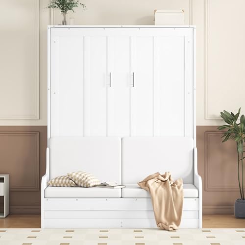 Modern Full Size Murphy Bed with Wardrobe, Versatile Foldable Wooden Bed Frame with Drawers and Open Shelves, Solid Wood Wall Bed for Apartments, Studio Bedroom Use, Space-Saving