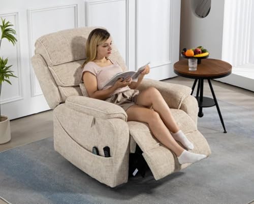 Light Grey Recliner Chair for Elderly | Tall and Big Man 400lbs | Chenille | Power Lift, Lay Flat, Stand Up, Wireless Charging Device, Extended Footrest, Massage Heat, Cup Holder, Lumbar Pillow