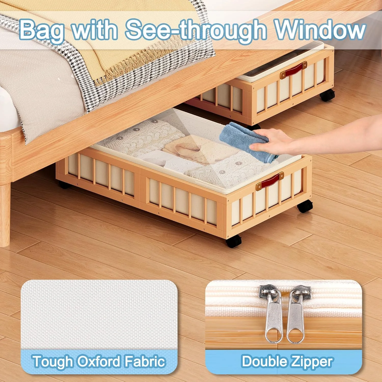 2-Pack Bamboo Under Bed Storage Containers with Wheels, Under Bed Clothes Storage Basket with Large Dust Bag, Rolling UnderBed Storage for Bedroom, Dorm and Basement, Nature