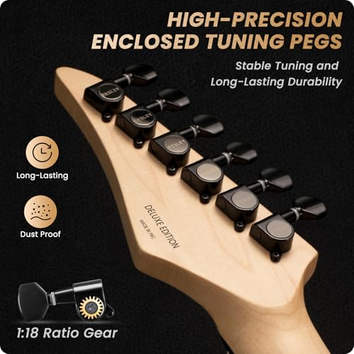 39" Solid Body Electric Guitar: Electric Guitar Kit with Bone Nut, Full Size 6 String Guitars with 24 Frets, Poplar Body AAA Flame Maple Top, Guitarra Electrica with HSS Ceramic Pickup,Black